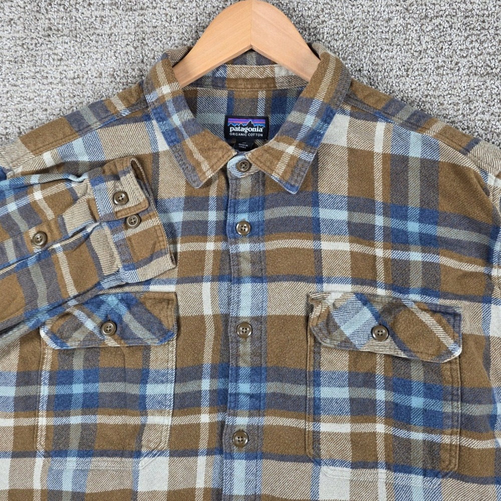 Patagonia Fjord Flannel Shirt Mens XL Brown Blue Plaid Organic Cotton Button Up